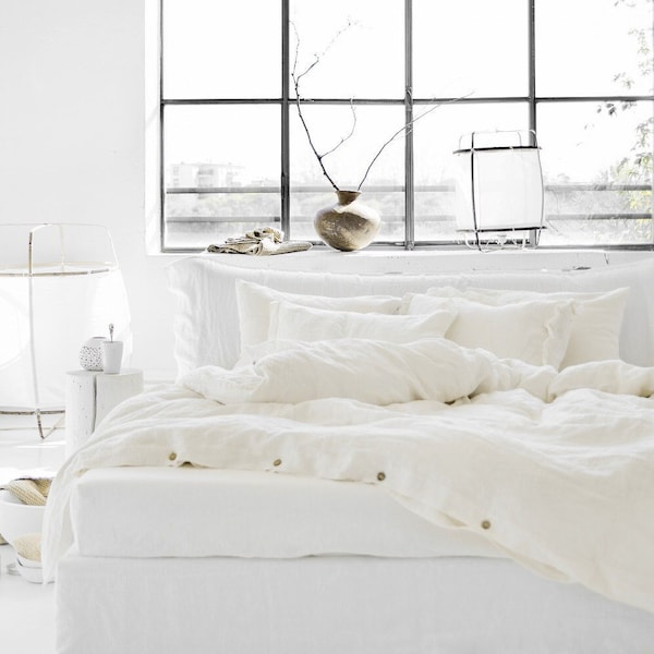 Linen bedding SET in Ivory color. Linen duvet cover set + 2 pillowcases. Stone washed linen bed set. King / Queen duvet sizes
