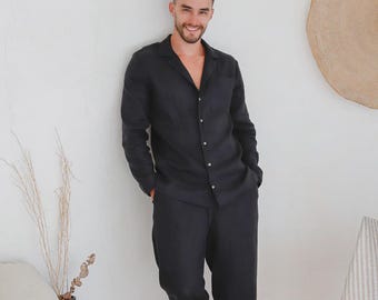Conjunto de pijama masculino preto em linho – Roupa de dormir respirável e confortável para ele – Roupa de dormir orgânica lavada com pedra – Pijama leve de verão masculino VIGO