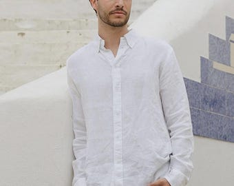 White Linen Long Sleeve Shirt for Men - Button Down Shirt - Relaxed Fit Flax Shirt - Breathable Summer Shirt Men - Casual Office Wear BOSTON