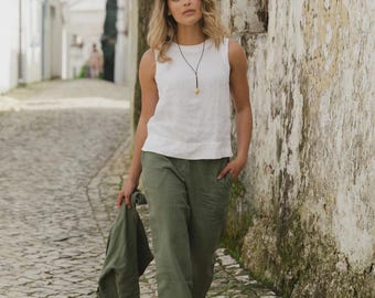 Linen Straight Leg Women Pants – Mist Green Trousers – Elastic Waist Back – Full Length Summer Pants – Breathable Work Travel Wear SEATTLE
