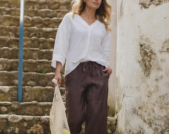 Linen Pants Women – Espresso Brown Linen Trousers – Elastic Waist Drawstring Pants – Relaxed Straight Leg – Breathable Summer Pants CURACAO