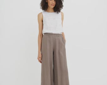 Linen Culotte Pants for Women – Cropped Wide Leg Pants – Elastic Waist Trousers – Deep Taupe Minimalist Summer Outfit VIENNA