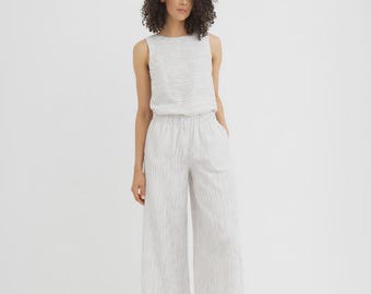 Linen Culotte Pants Women – Cropped Wide Leg Linen Pants – Elastic Waist Striped Linen Trousers – Summer Travel Natural Linen Pants VIENNA