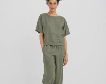 Green Linen Pajama Set — Short Sleeve Lounge or Sleepwear Set — 100% European Flax Pajamas — Breathable Women’s Loungewear