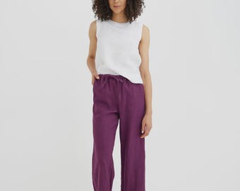 Linen Pants Women – Royal Purple Linen Trousers – Elastic Waist Drawstring Pants – Relaxed Straight Leg – Breathable Summer Pants CURACAO