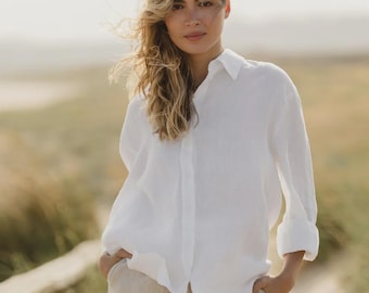 White Oversized Linen Shirt for Women – Lightweight Button Up Shirt – Long Sleeve Relaxed Blouse – Minimal Capsule Wardrobe Top CORSICA