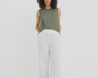 White Wide Leg Linen Pants for Women - High Waisted Trousers with Elastic Waist - Summer Loose Fit Pants - Breathable Resort Wear ALCUDIA