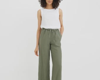 Linen Pants Women – Mist Green Linen Trousers – Elastic Waist Drawstring Pants – Relaxed Straight Leg – Breathable Summer Pants CURACAO