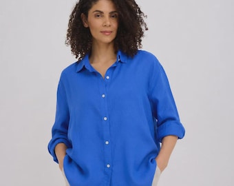 Blue Oversized Linen Shirt — Linen Button Down — Long Sleeve Linen Top — European Flax Workwear Shirt — Relaxed Women Shirt ELBA