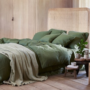 Linen bedding set in Forest green (3pcs) / King, Queen duvet cover set / Stonewashed linen set two pillowcases