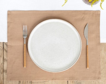 Latte Linen Placemats Set of 2 – Neutral Linen Table Mats – Rustic Farmhouse Table Decor – Soft Stonewashed Placemats – Minimalist Dining