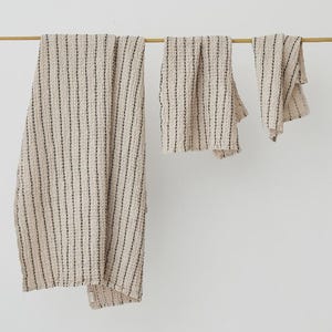 Beige Striped Linen Waffle Towel Set – Soft Weave Spa Towels – Soft Absorbent Quick Dry Towels – Striped Stonewashed Eco Friendly Bathroom