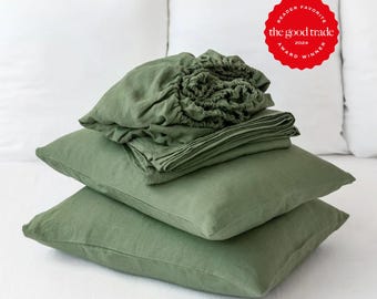 Forest Green Linen Sheet Set – Deep Earthy Stonewashed Bedding – Breathable Flat Sheet, Fitted Sheet, Pillowcases – Pure OEKO-TEX Linen Set