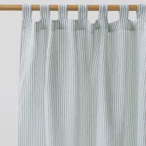 Tab Top Linen Curtain Panel in Forest Green Stripe – Semi Sheer Stonewashed European Flax Drapes – Soft Light Filtering Window Panel