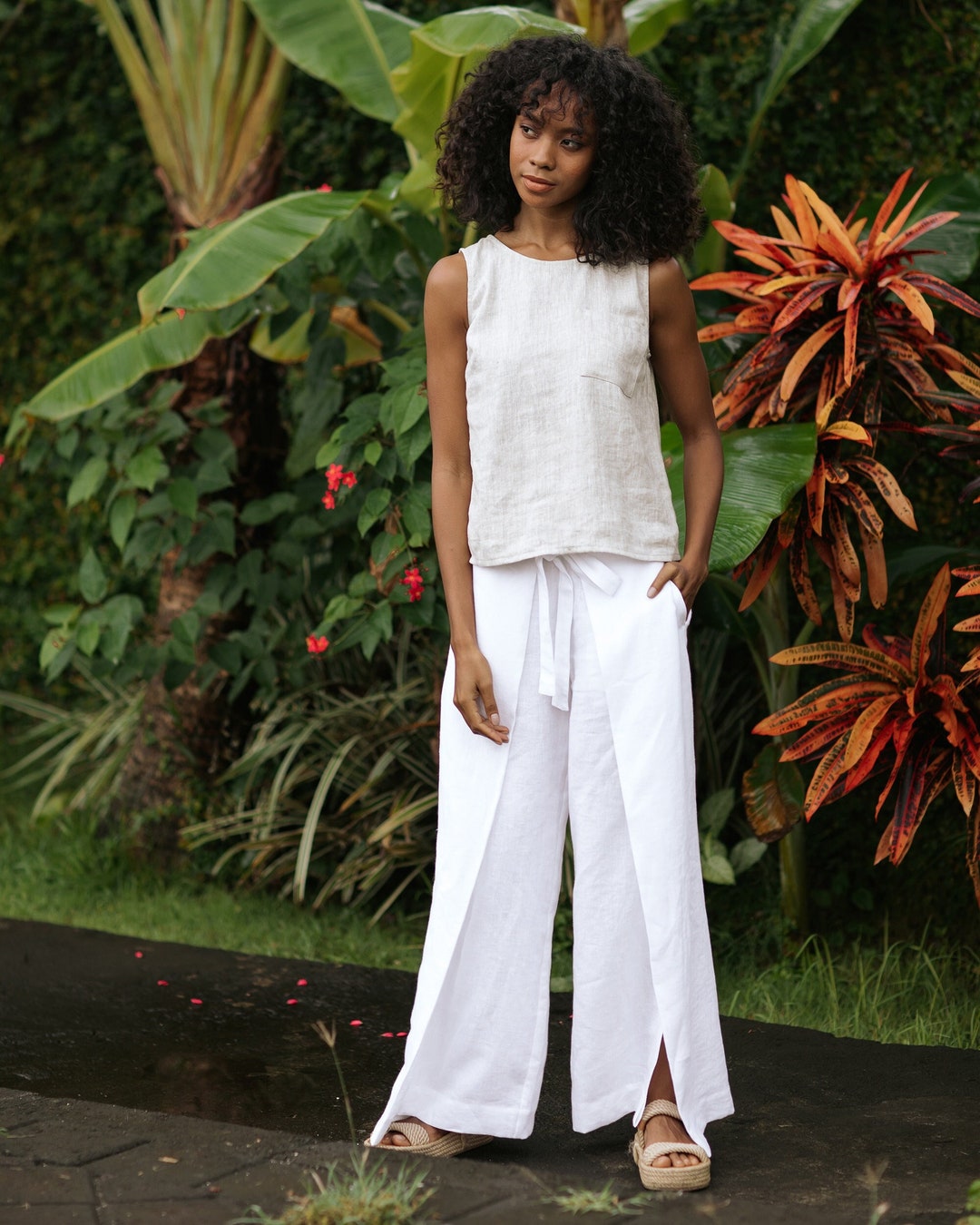 Pantalon cruzado de lino NASSAU en Blanco Pantalon con abertura lateral Pantalon ancho Tiro alto Cintura elastica Pantalon de lino Etsy Espana