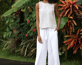 Wrap linen pants NASSAU in White | Side split pants | Wide leg pants | High rise | Elastic waist | Linen trousers