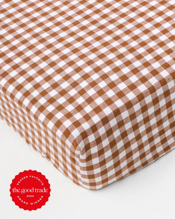 Spannbettlaken aus Leinen mit Zimt-Gingham-Muster – Kariertes Leinenbettlaken – Bettwäsche mit tiefen Taschen (Queen/King) – Weiches, feuchtigkeitsableitendes, stonewashed OEKO-Bettlaken