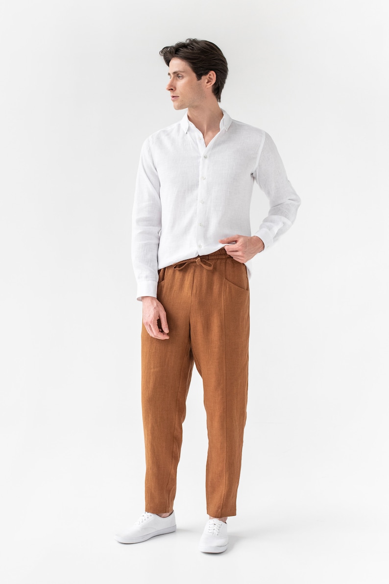 Men's linen pants TRUCKEE in Cinnamon. Mens trousers. Elastic waist. Cargo pants. Linen clothing for men image 3