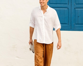 Cinnamon Mens Linen Pants – Trousers with Drawstring Waist and Cargo Pockets – Lightweight Wear - Breathable Outfit, Look TRUCKEE
