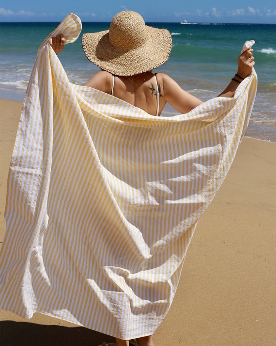 Yellow Striped Linen Beach Towel – Bath Sheet – Quick Dry Cotton Linen Blend – Lightweight Summer Body Towel – Oversized Spa Blanket