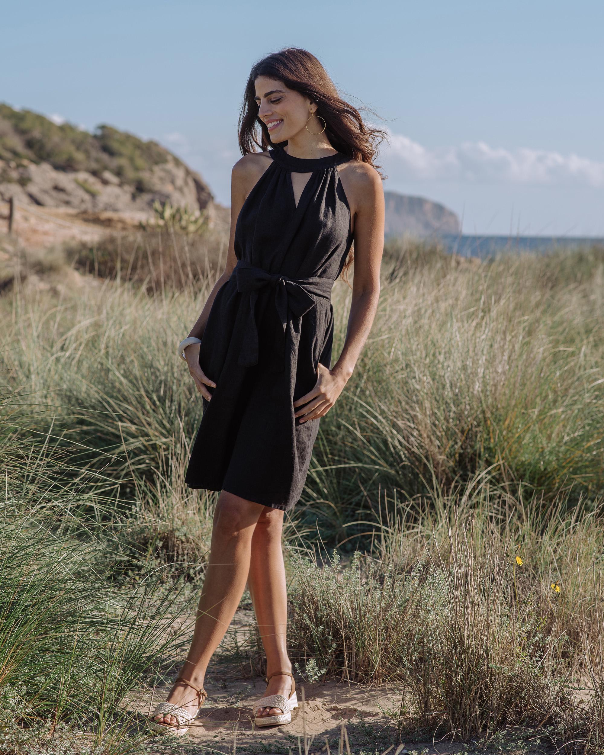 black linen dress knee length Black Linen Wrap Maxi Dress | Trendy Women's Dress
