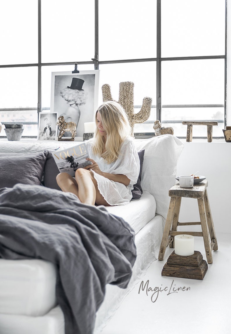 Linen duvet cover in Charcoal Gray Dark Gray color. Washed, softened linen bedding. Custom sizes. image 5