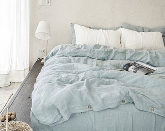 Linen bedding set in Dusty Blue. King, Queen duvet cover set. 3 piece washed linen set includes two pillowcases.