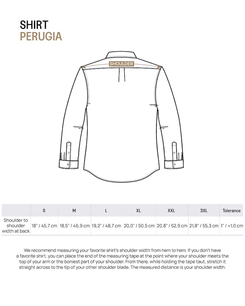 K&ouml;nnte beinhalten: Eine R&uuml;ckansicht-Zeichnung eines Hemdes, beschriftet mit "SHIRT PERUGIA". Ma&szlig;e f&uuml;r die Schulterbreite in Zentimetern, von 45,7 cm bis 55,3 cm, sind angegeben. Anweisungen zur Messung der Schulterbreite sind enthalten.
