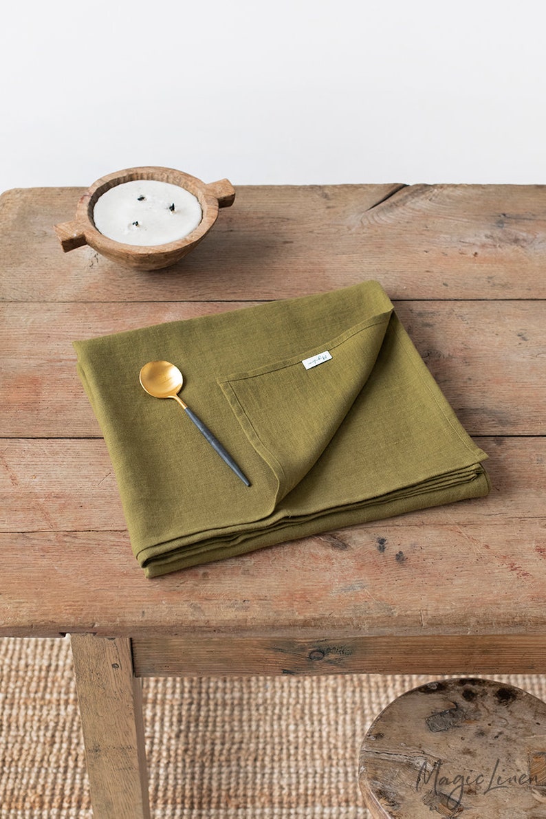 Olive Green Linen Tablecloth. Round, Square, Rectangular Table Linens