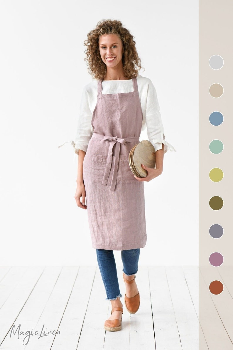 Linen apron. Washed linen apron for cooking, gardening. Full apron for women and men. Woodrose