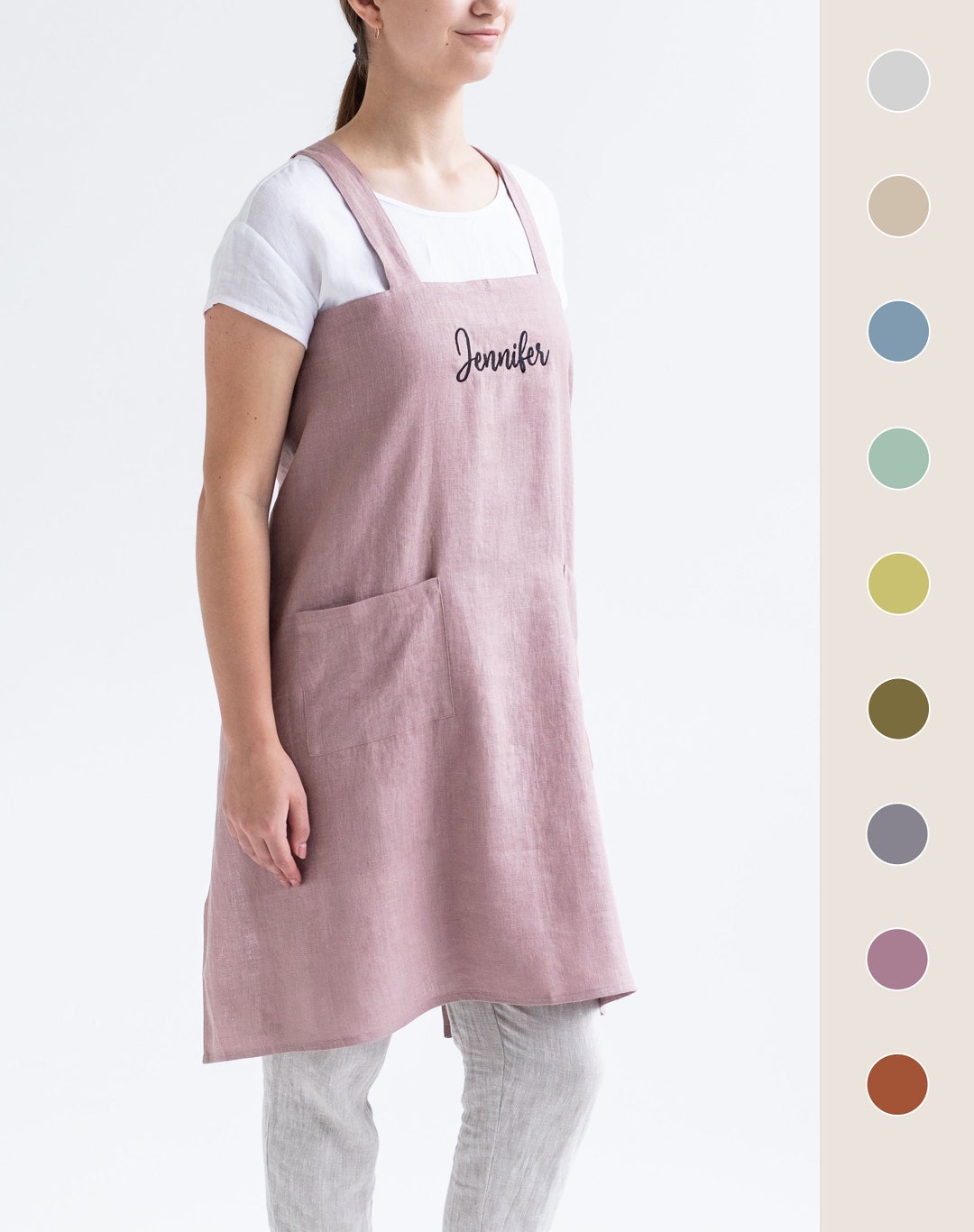 Embroidered Linen Apron / Personalized Japanese Cross Back Etsy