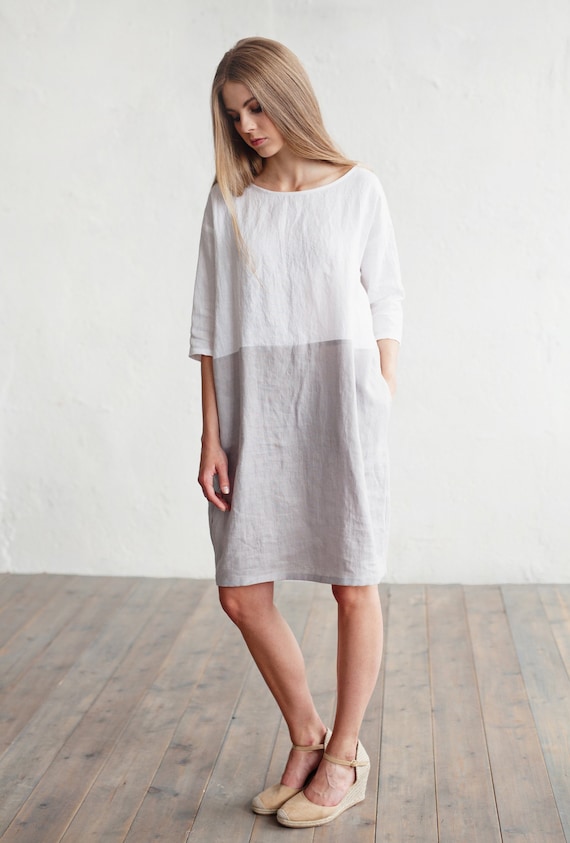 Farbblock Leinenkleid ADRIA / Midi weiß und graues Leinen Tunika Kleid