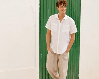 Natural Mens Linen Pants – Trousers with Elastic Waist and Cargo Pockets – Breathable Clothing - Lightweight Outfit TRUCKEE