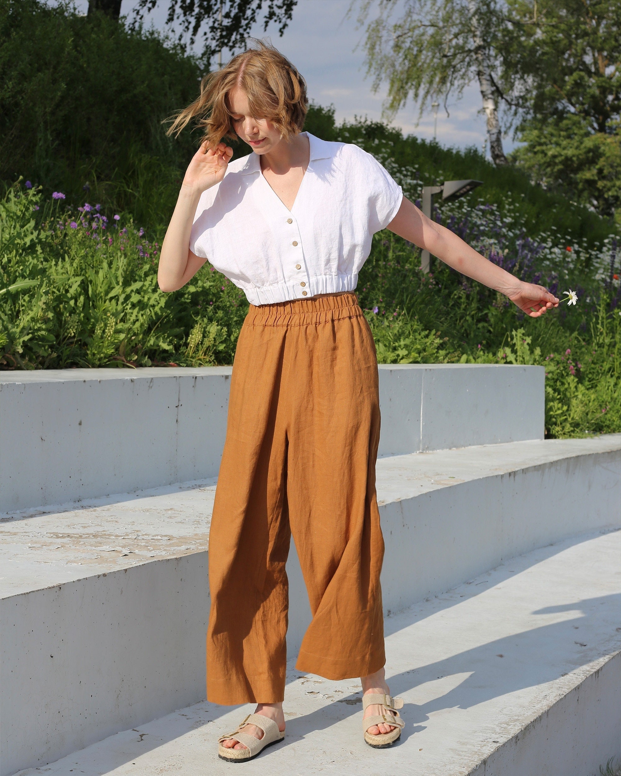 Wide Leg Linen Pants for Women in Cinnamon – Plus Size Stonewashed