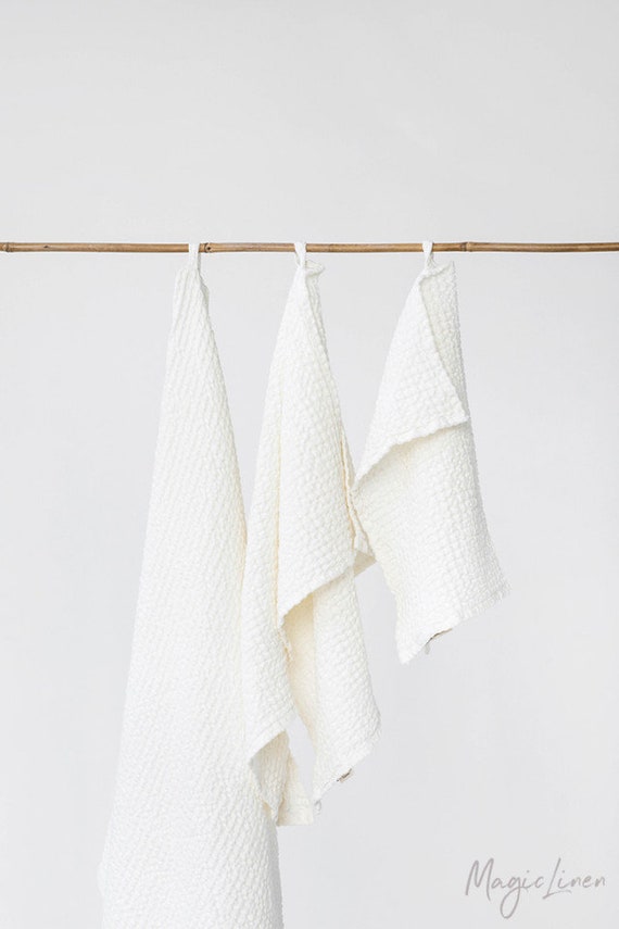 White Linen Waffle Towel SET: Hand, Face, Body Linen Towels. White Linen  Towels. Fluffy, Absorbent Linen Waffle Towels. Quality Bath Linens. 