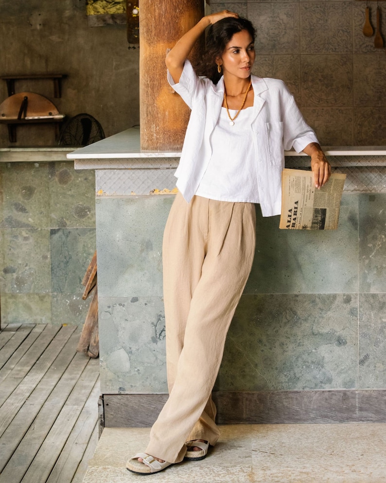 White Linen Camp Shirt for Women – Button Up Linen Blouse with Pockets – Relaxed Fit Stonewashed Overshirt – Lightweight Top ORVIETO image 4