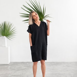 Linen tunic TYBEE | Black Linen dress | Short sleeve dress with pockets | Linen clothes | Linen dress for women