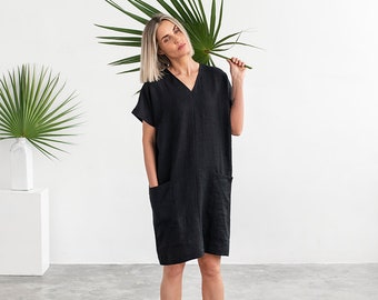 Tunique en lin TYBEE | Robe en lin noire | Robe à manches courtes avec poches | Vêtements en lin | Robe en lin pour femme