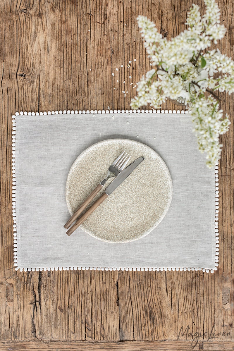 Linen Placemats With Pom Pom Trim. Placemats Set of 2. Linen Etsy