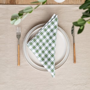 Forest Green Gingham Linen Napkins – Set of 2 Rustic Check Cloth Napkins – Farmhouse Table Decor – Washed Linen Dinner Napkins for Kitchen