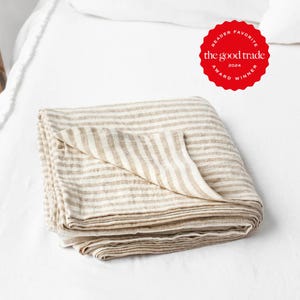 Natural Striped Linen Flat Sheet – Stonewashed European Top Sheet – Natural Soft Neutral Bedding – Coastal Cottage Style – Queen King Sizes
