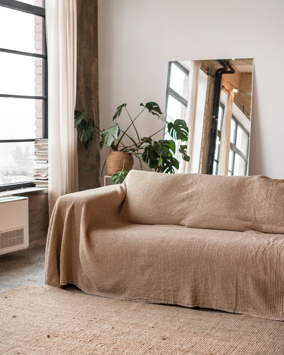 Waffle Linen Sofa Cover in Beige Sofa Throw Blanket Waffle Weave Blanket Linen Bedspread Etsy Canada