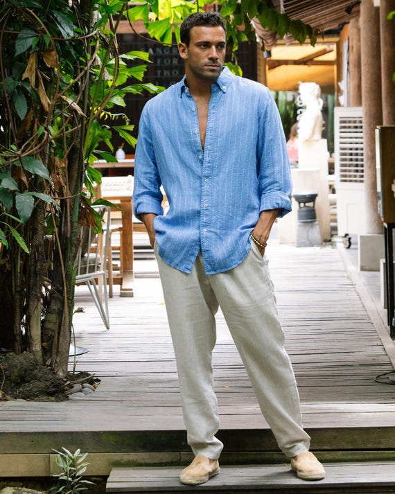 Mens Linen Shirt – Blue Striped Long Sleeve Shirt – Lightweight Linen Shirt – Relaxed Fit Button Down Shirt – SINTRA