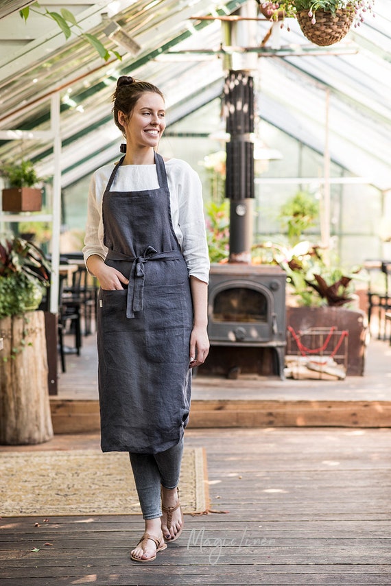 Linen Apron with Pockets, 100% Cotton, Machine Washable