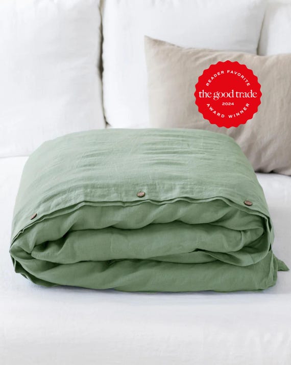 Matcha Green Linen Duvet Cover – Stonewashed Flax Bedding – Breathable Thermoregulating Comforter – Queen King OEKO TEX Certified Linen Set