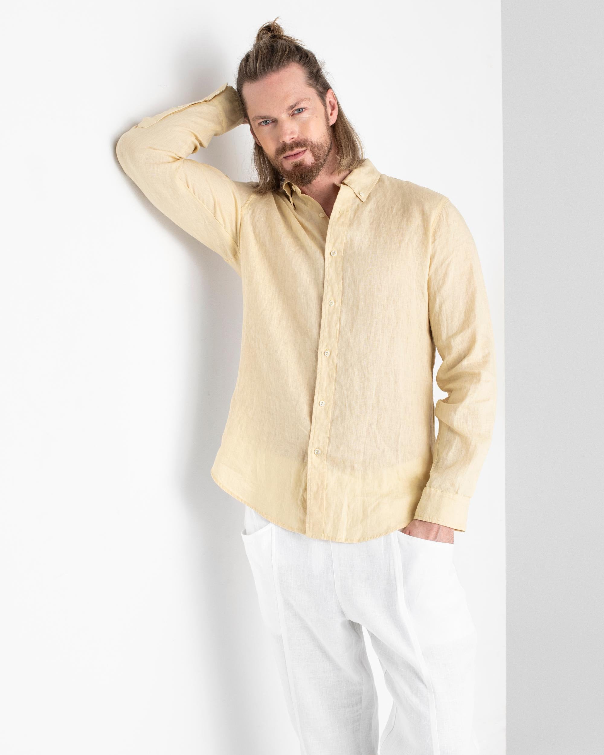 Mens Linen Shirt Cream – Lightweight Long Sleeve Button Down