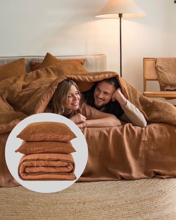 Waffle Linen Bedding Set in Cinnamon Brown 3pcs Double Sided Reversible Bedding Set Duvet Cover Queen King Etsy Canada