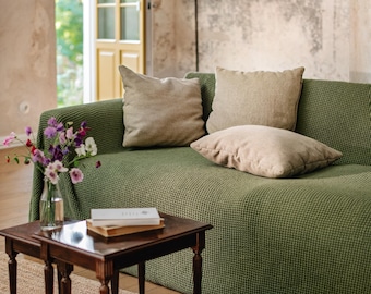 Bosgroene linnen bankhoes met wafelpatroon – bankkleed – wasbare beschermer volledig dekkend – stonewashed katoenmix – aards natuurlijk decor