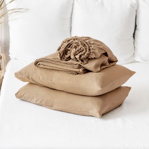 Linen sheet set in Latte. Fitted sheet, flat sheet, 2x pillow cases. Twin, Queen, King bed sheets. 100% linen bedding