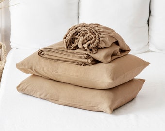 Linen sheet set in Latte. Fitted sheet, flat sheet, 2x pillow cases. Twin, Queen, King bed sheets. 100% linen bedding